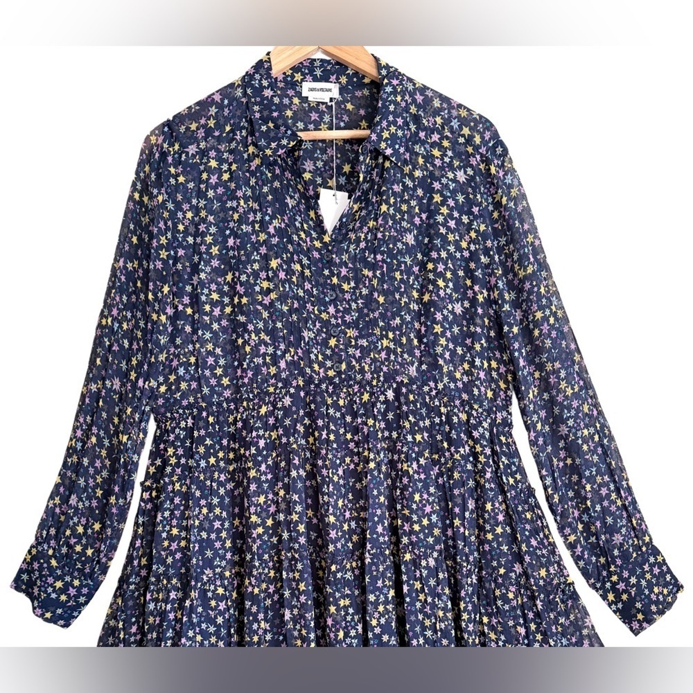 Zadig & Voltaire Lightweight Chiffon Rapidy Crinkle Print Etoiles Dress Sz L NWT - Picture 7 of 11